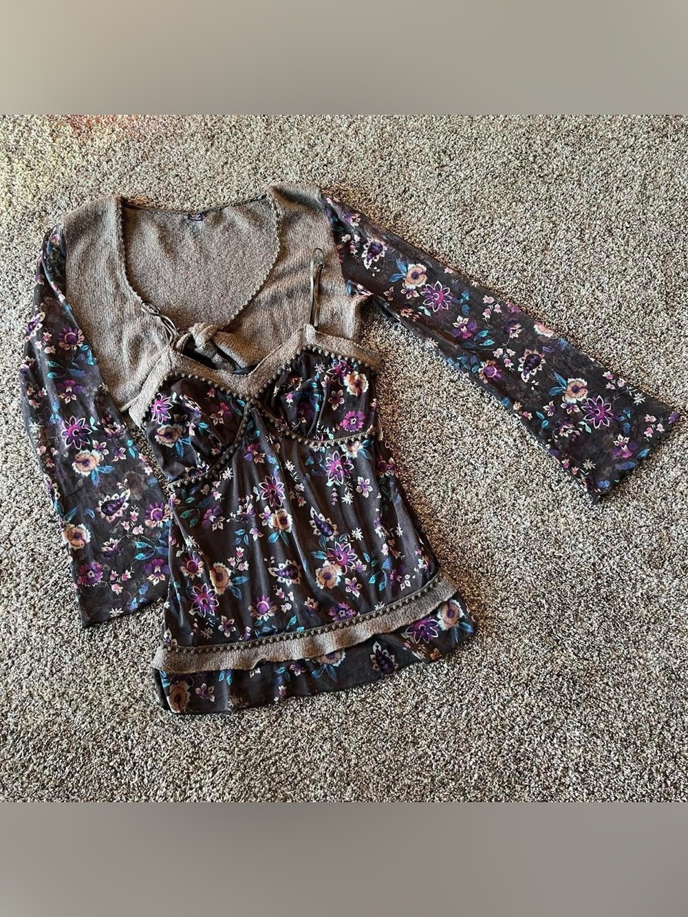 Cruel Girl 2-piece brown floral sheer cardigan + camisole